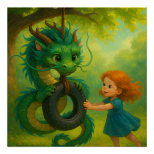 Póster Dragón verde asiático con ojos de cachorro