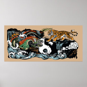 Póster Dragón verde chino versus tigre