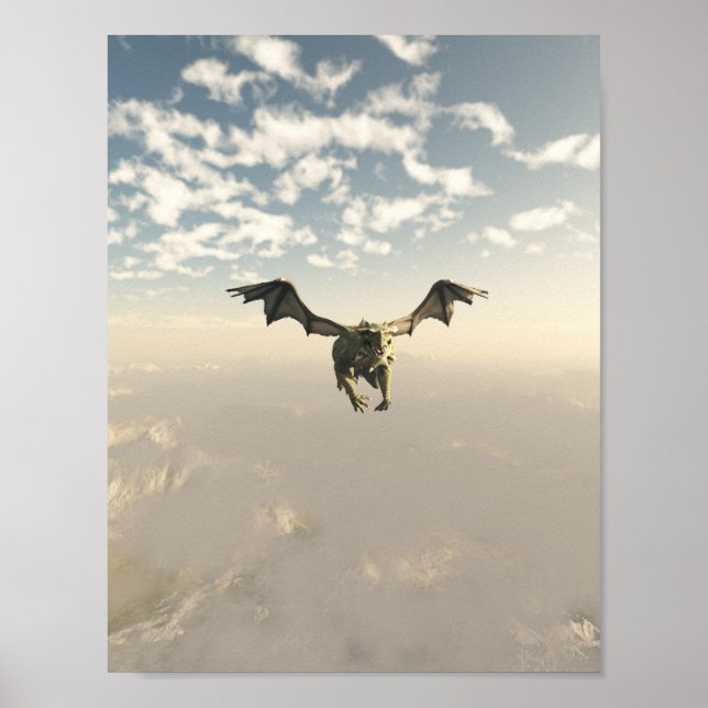 Póster Dragón verde volando sobre las montañas (Frente)