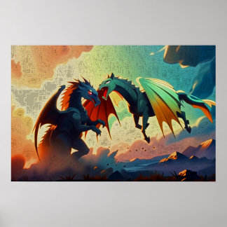 Póster Dragon vs Pegasus - Fantasy Art