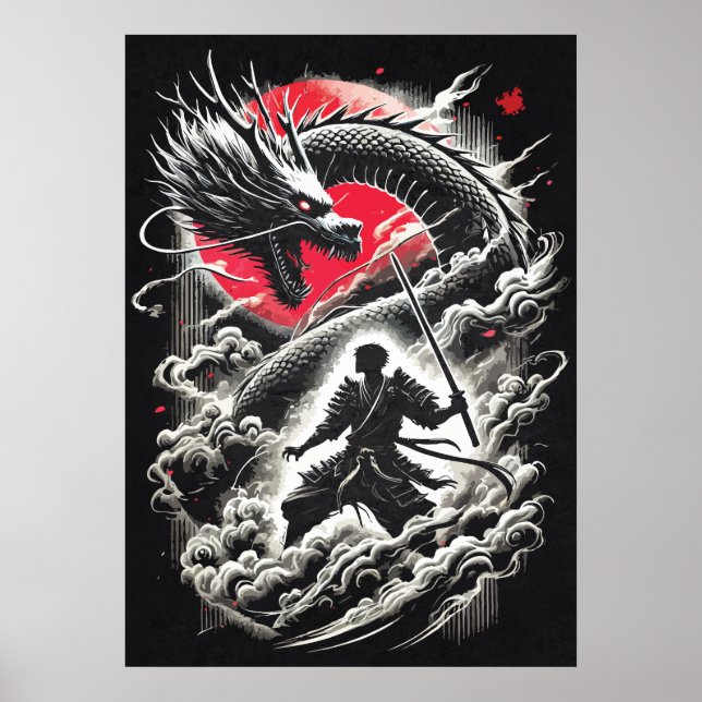 Póster Dragon vs Samurai Warrior - Japanese Tattoo (Frente)