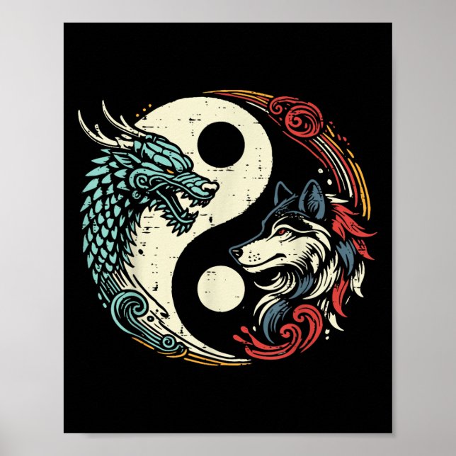 Póster Dragon Wolf Yin Yang Chino Mítico Hombres Zen Muje (Frente)