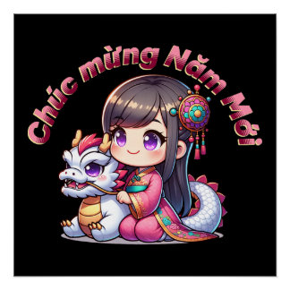 Póster Dragón y Chica de Año Nuevo vietnamita