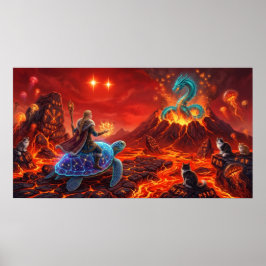 Póster Dragón y la Tortuga del Mundo - Fantasía de Fuego 