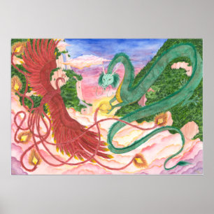 Póster Dragón y Phoenix de la puesta del sol del bosque