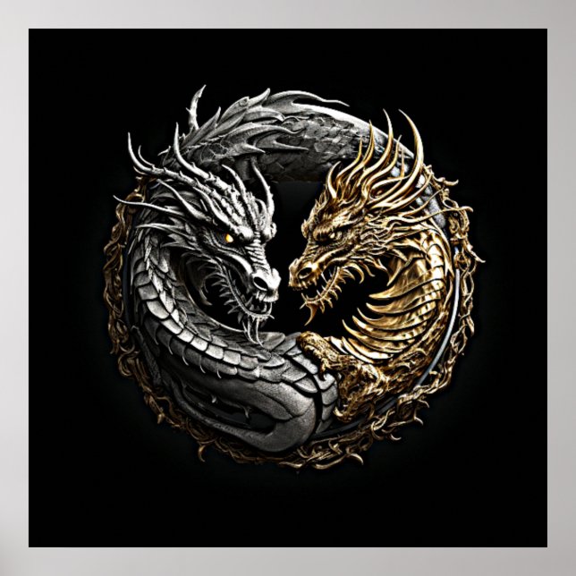 Póster Dragon Yin Yang Art Gold y Silver (Frente)