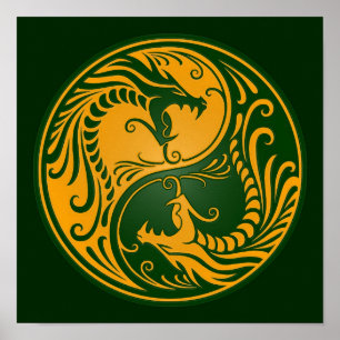 Póster Dragones amarillos y verdes de Yin Yang