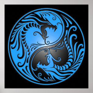 Póster Dragones, azul y negro de Yin Yang