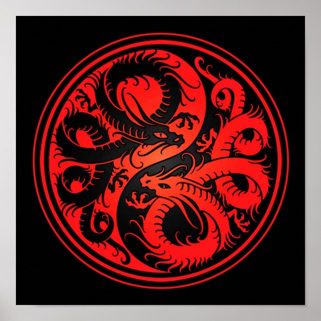 Póster Dragones chinos de Yin Rojo y Negro Yin Yang (Frente)