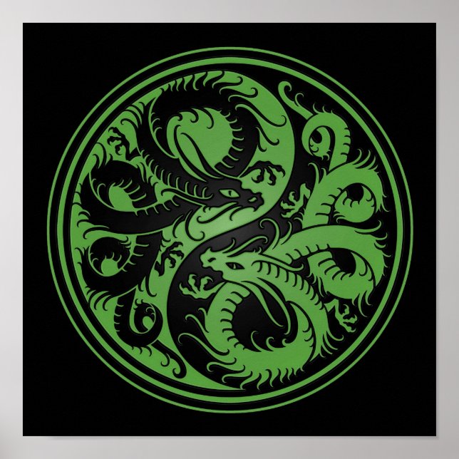 Póster Dragones chinos de Yin verde y negro (Frente)