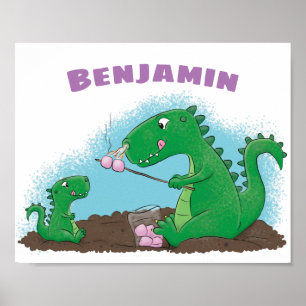 Póster dragones cortos asando malvaviscos personalizado