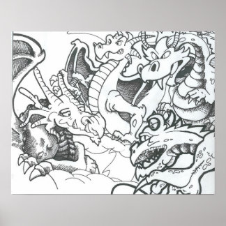 Póster Dragones de dibujo en blanco y negro fantásticos