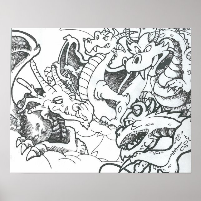 Póster Dragones de dibujo en blanco y negro fantásticos (Frente)