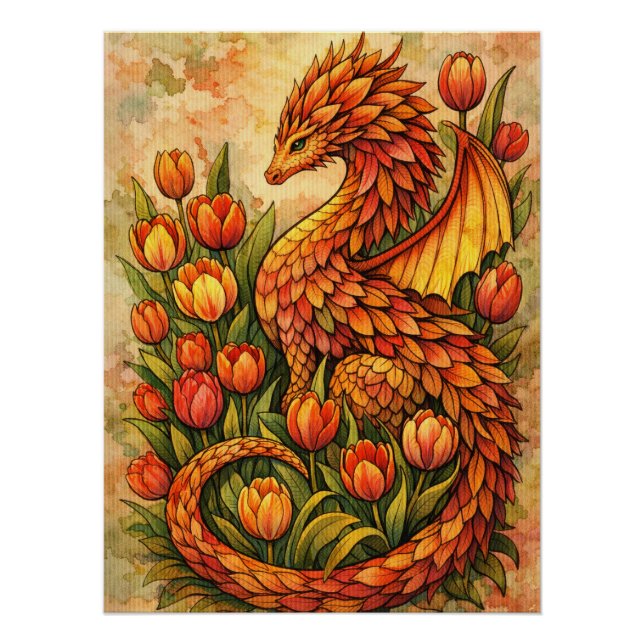 Póster Dragones de Tulipanes Rojos Primavera (Anverso)