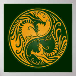Póster Dragones de Yang Yin amarillo y verde