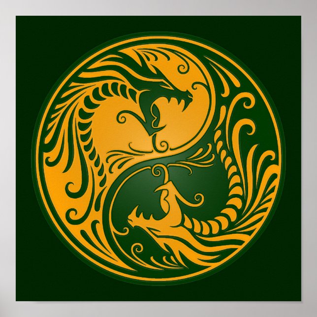 Póster Dragones de Yang Yin amarillo y verde (Frente)