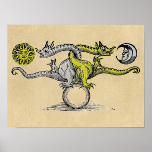 Póster Dragones mágicos de oro y plata