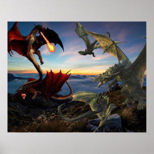Póster Dragones rojos contra verdes luchan contra la fant