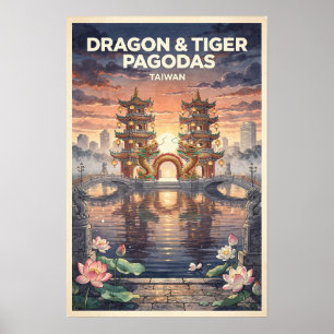 Póster Dragones y Pagodas del Tigre de Taiwán Vintage Via