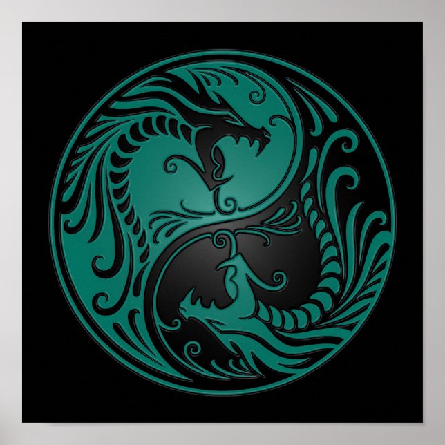 Póster Dragones Yang verde azulados azules y negros (Frente)