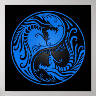 Póster Dragones Yang Yin azul y negro