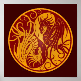 Póster Dragones Yang Yin Yang amarillos y rojos voladores