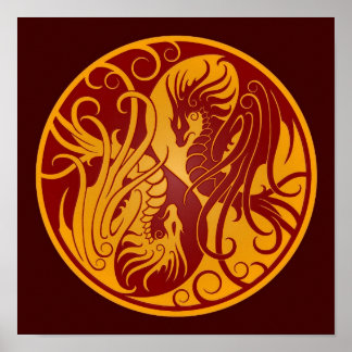 Póster Dragones Yang Yin Yang amarillos y rojos voladores