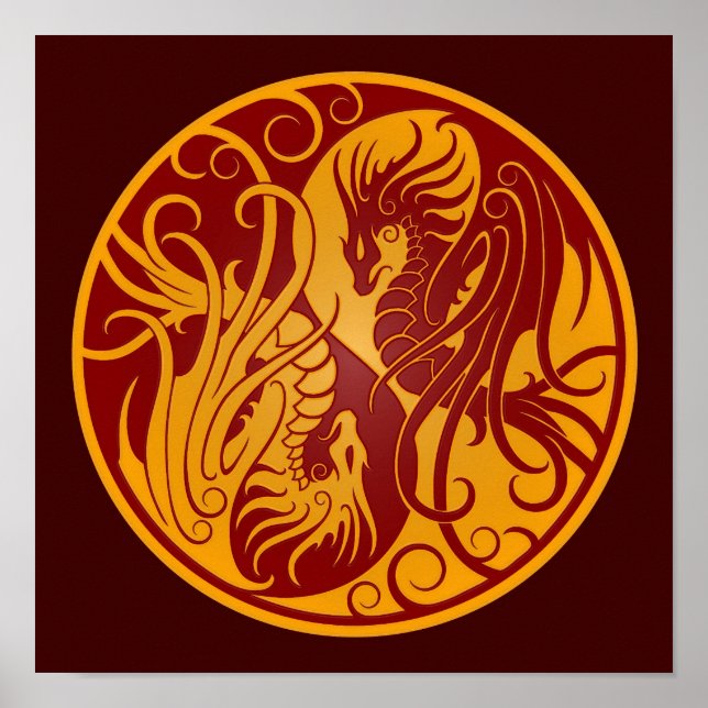 Póster Dragones Yang Yin Yang amarillos y rojos voladores (Frente)
