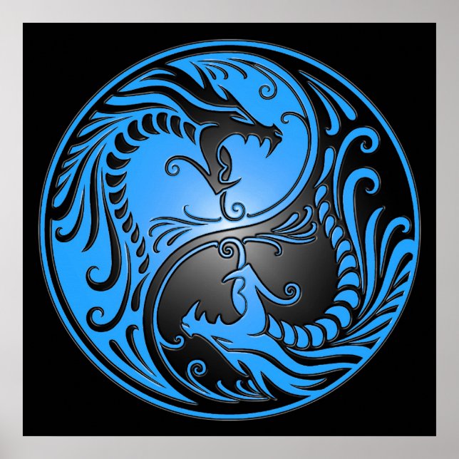 Póster Dragones Yin Yang, azul y negro (Frente)