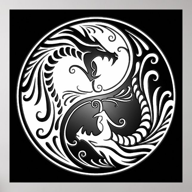 Póster Dragones Yin Yang, blancos y negros (Frente)