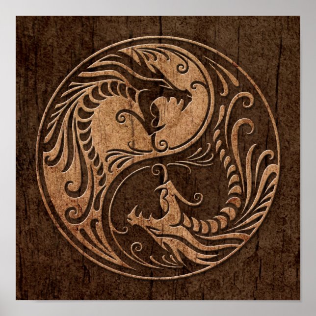 Póster Dragones Yin Yang con efecto de grano de madera (Frente)