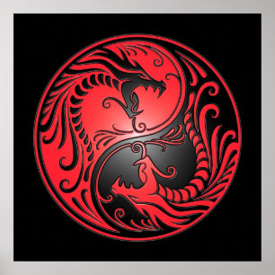 Póster Dragones Yin Yang, rojo y negro