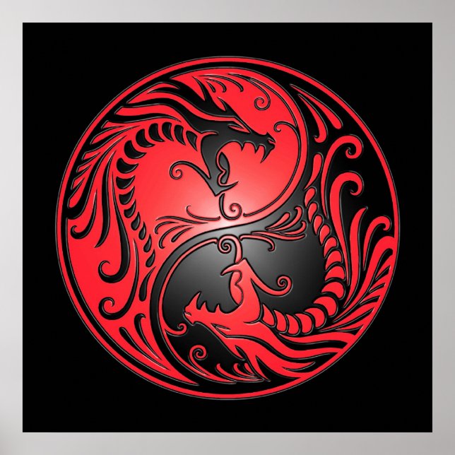 Póster Dragones Yin Yang, rojo y negro (Frente)