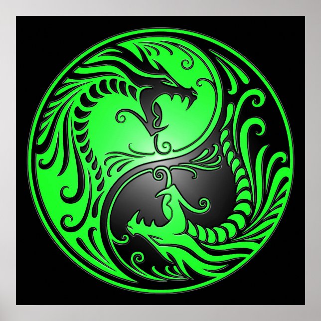 Póster Dragones Yin Yang, verde y negro (Frente)