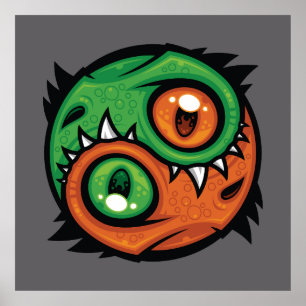 Póster Dragones Yin Yang Verdes y Naranjas