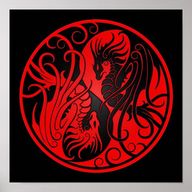 Póster Dragones Yin Yang voladores rojos y negros (Frente)