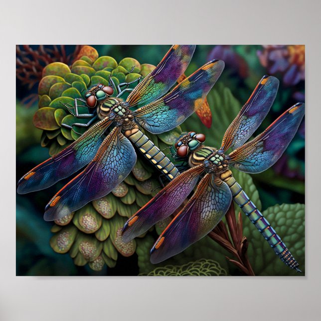 Póster Dragonflies en un jardín colorido (Frente)