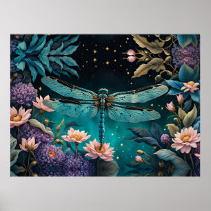 Póster Dragonfly en un jardín de flores por la noche