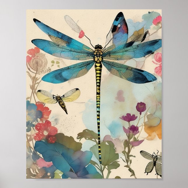 Póster Dragonfly Mixed Media Collage Ephemera Decoupage (Frente)
