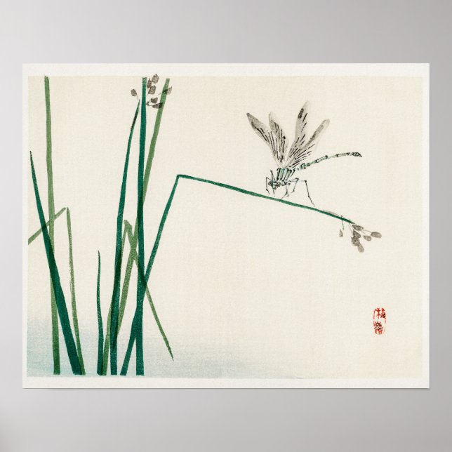 Póster Dragonfly on Bulrush leaf de Kōno Bairei (1844-189 (Frente)