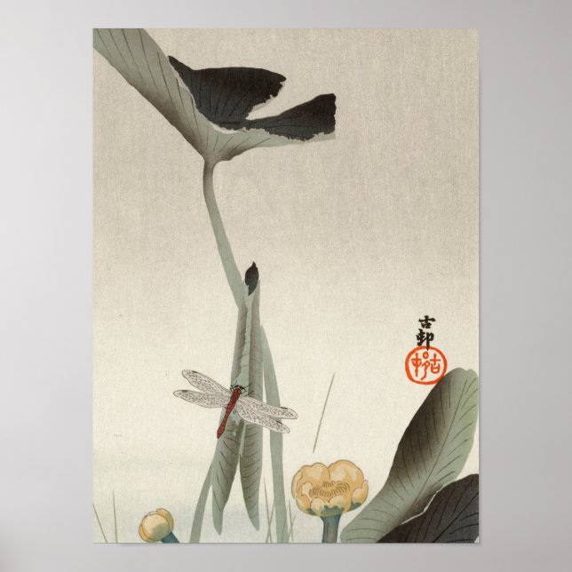 Póster Dragonfly y Lotus, 1920, por Ohara Koson (Frente)