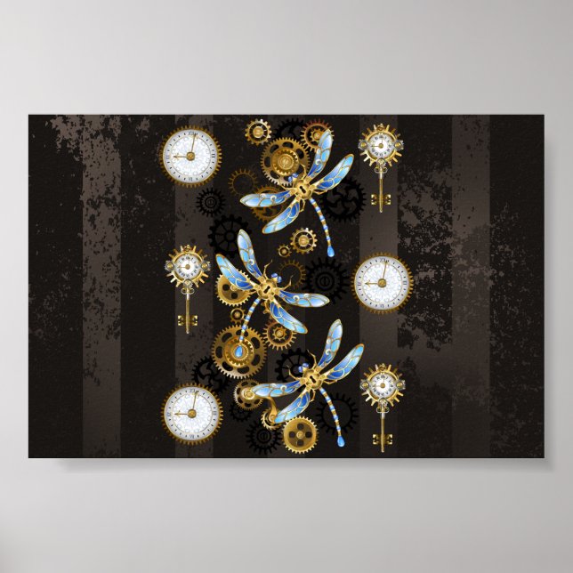 Póster Dragoniscos de Steampunk sobre fondo rayado marrón (Frente)