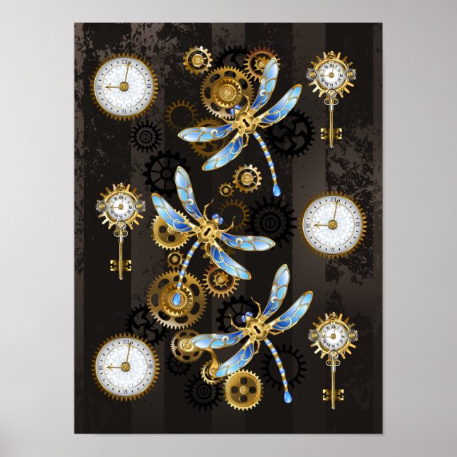 Póster Dragoniscos de Steampunk sobre fondo rayado marrón (Frente)