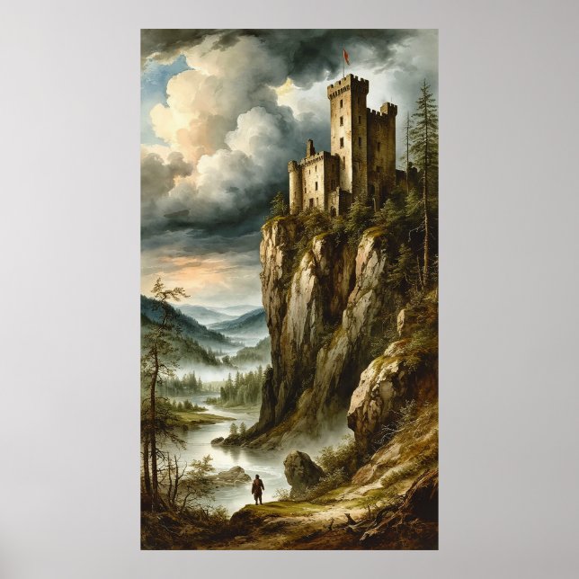 Póster 🏰🌫️ Dramatic Medieval Cliff Castle Stormscape 🌄 (Frente)