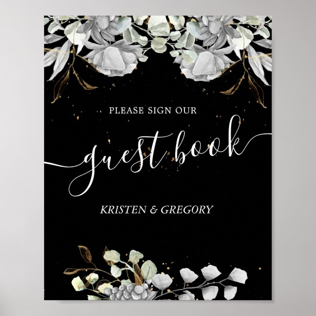 Póster dramatic silver floral Wedding guest book (Frente)