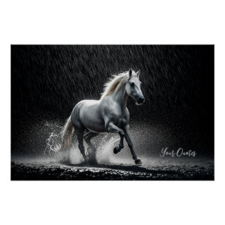 Póster Dramatic White Horse Galloping in Rain