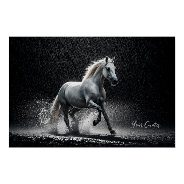 Póster Dramatic White Horse Galloping in Rain (Anverso)