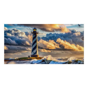 Póster Dramática capa marina de faro con olas de tormenta