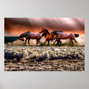 Póster Dramática fotografía de caballos corriendo en una