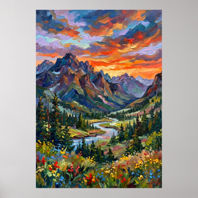 Póster dramático de puesta de sol en la montaña (Frente)